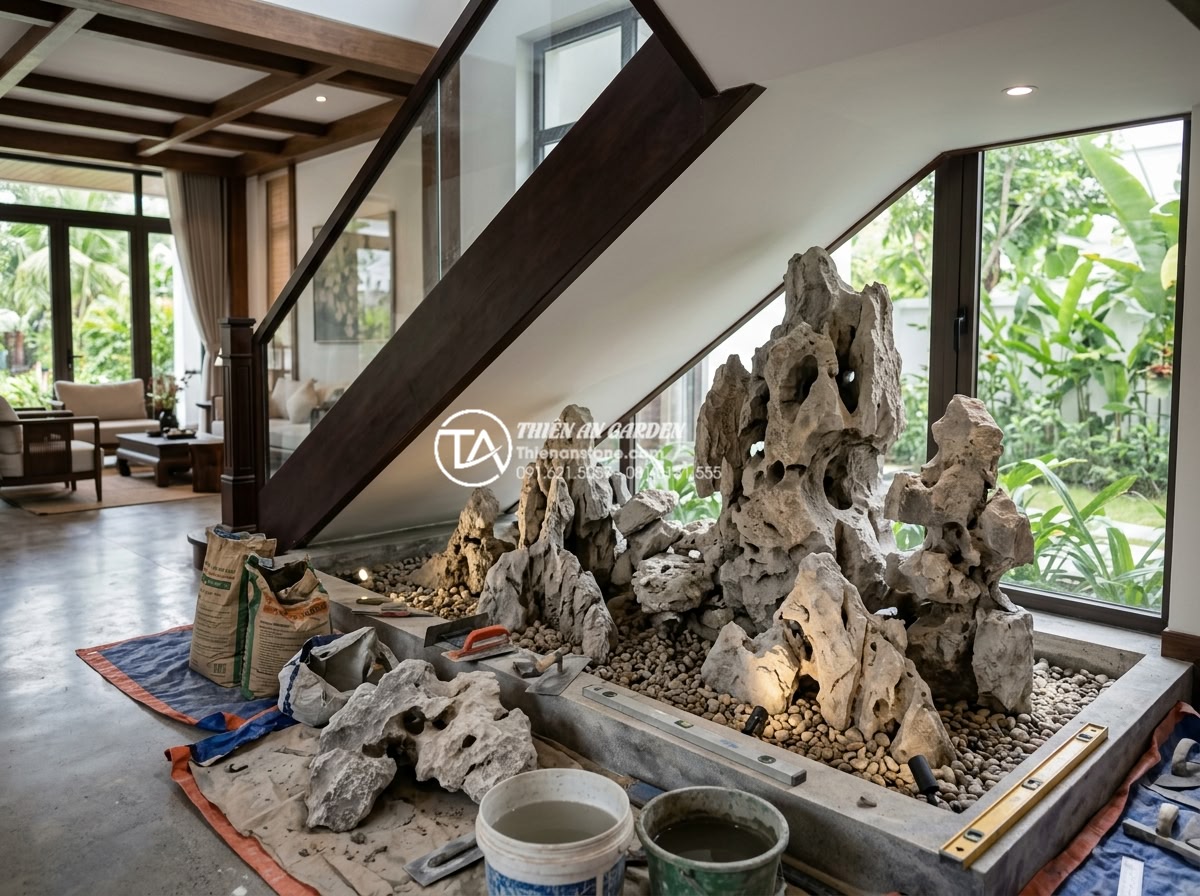Tiểu cảnh sân vườn gầm cầu thang: Hô biến góc chết thành kiệt tác - Professional team from Da Canh Thien An installing a custom under-stair natural 