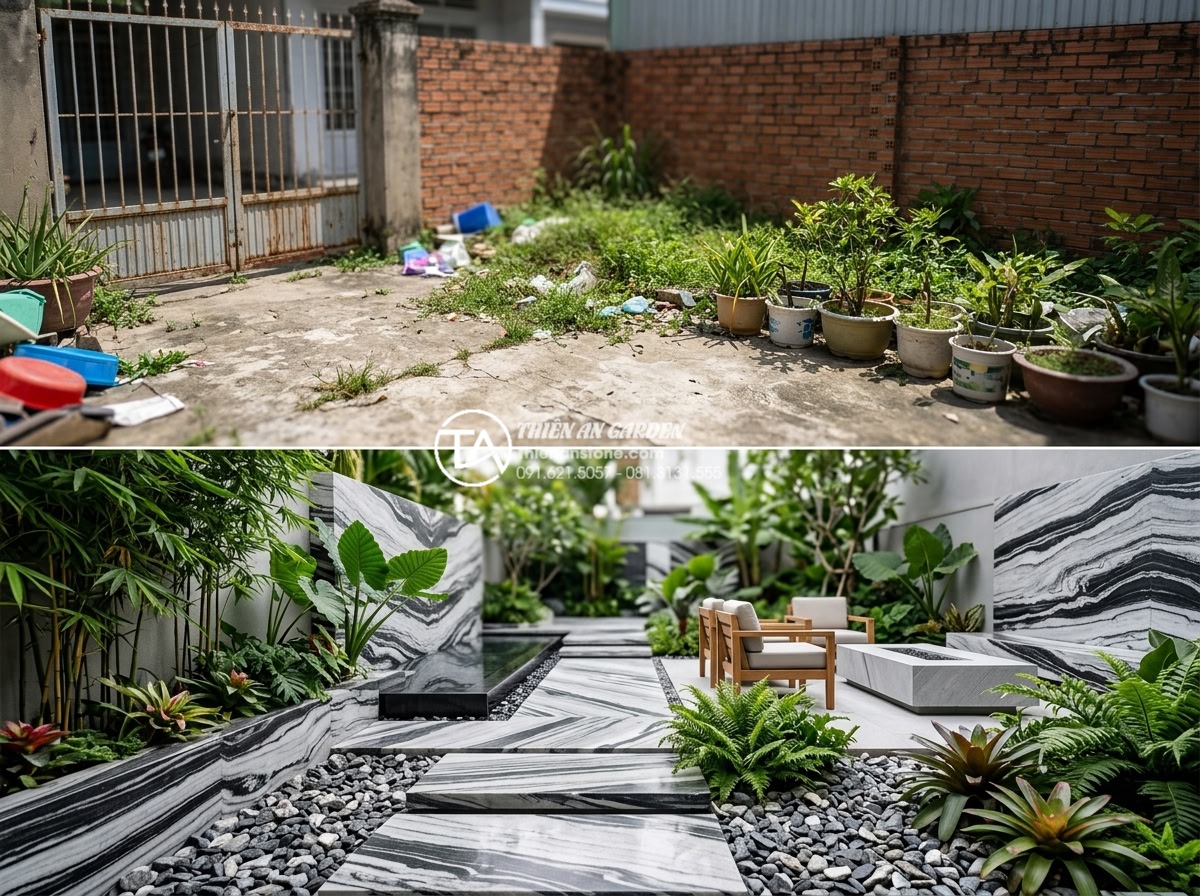 Tiểu cảnh sân vườn hiện đại: Sự kết hợp giữa đá tự nhiên và tối giản - Before and after images showing transformation of plain backyard into luxurious 