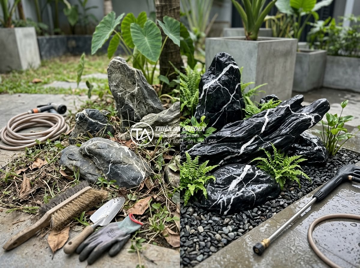 Tiểu cảnh sân vườn hiện đại: Sự kết hợp giữa đá tự nhiên và tối giản - Maintenance process of cleaning and arranging natural stones in a modern garden,