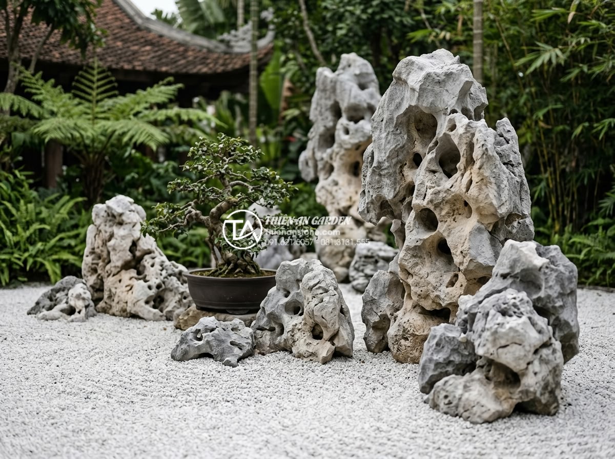 Tiểu cảnh sân vườn hiện đại: Sự kết hợp giữa đá tự nhiên và tối giản - Natural stone boulders of various sizes and textures placed in a modern minimali