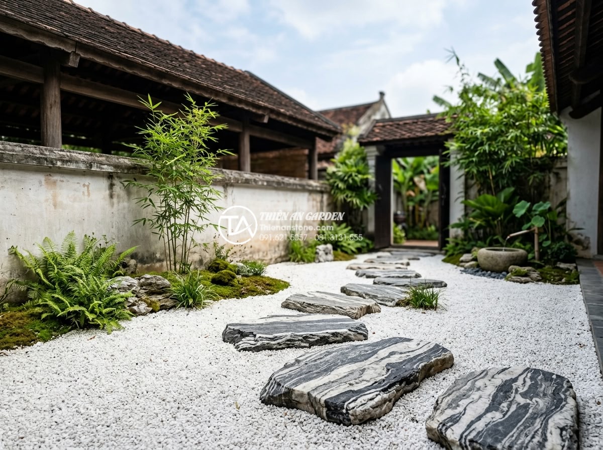 Tiểu cảnh sân vườn hiện đại: Sự kết hợp giữa đá tự nhiên và tối giản - Minimalist garden design with large flat natural stones forming stepping paths o