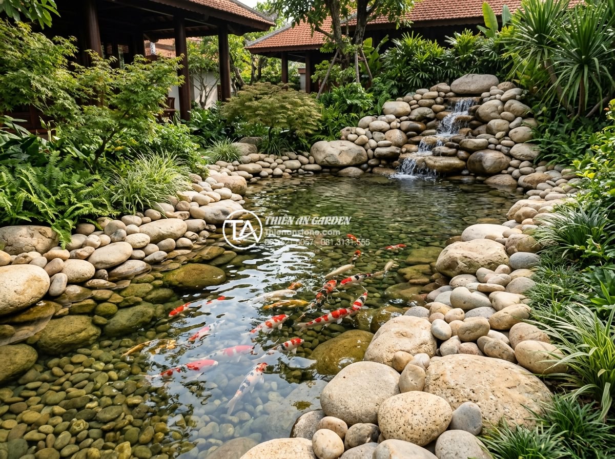 Tiểu cảnh sân vườn kết hợp hồ cá Koi: Đỉnh cao nghệ thuật đá và nước - Hình 1 Tiểu cảnh sân vườn kết hợp hồ cá Koi: Đỉnh cao nghệ thuật đá và nước - A serene Japanese-inspired garden pond with colorful Koi fish swimming gracefull