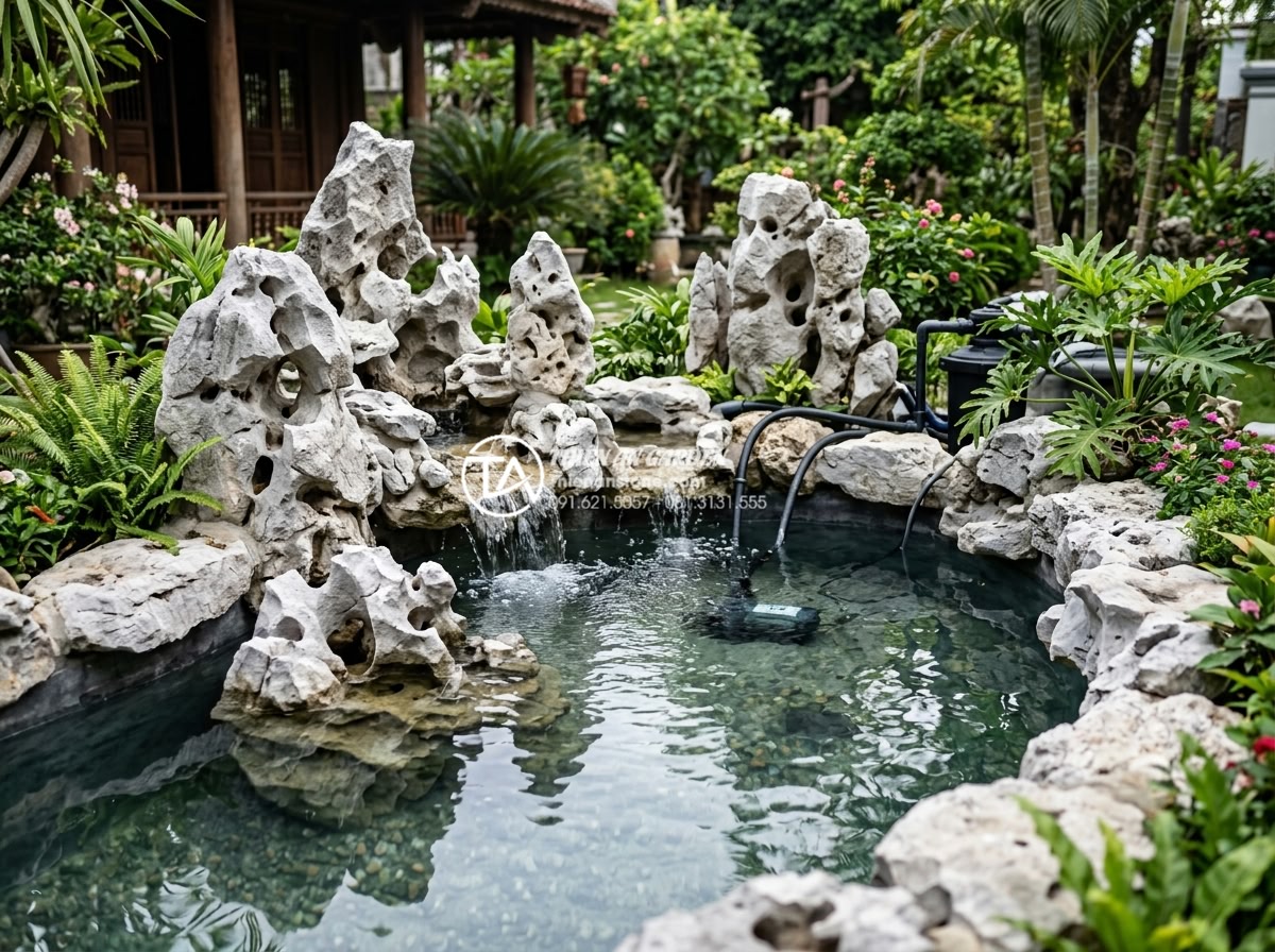 Tiểu cảnh sân vườn kết hợp hồ cá Koi: Đỉnh cao nghệ thuật đá và nước - Hình 10 Tiểu cảnh sân vườn kết hợp hồ cá Koi: Đỉnh cao nghệ thuật đá và nước - Completed Koi pond construction phase showing installed carved stones, water pum