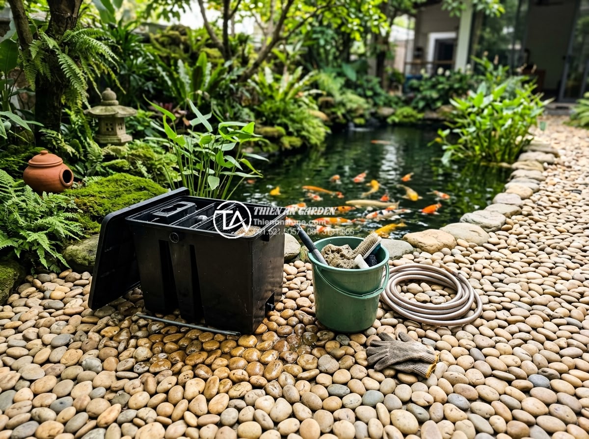 Tiểu cảnh sân vườn kết hợp hồ cá Koi: Đỉnh cao nghệ thuật đá và nước - Hình 15 Tiểu cảnh sân vườn kết hợp hồ cá Koi: Đỉnh cao nghệ thuật đá và nước - Maintenance worker cleaning a Koi pond filter system with natural stones visible