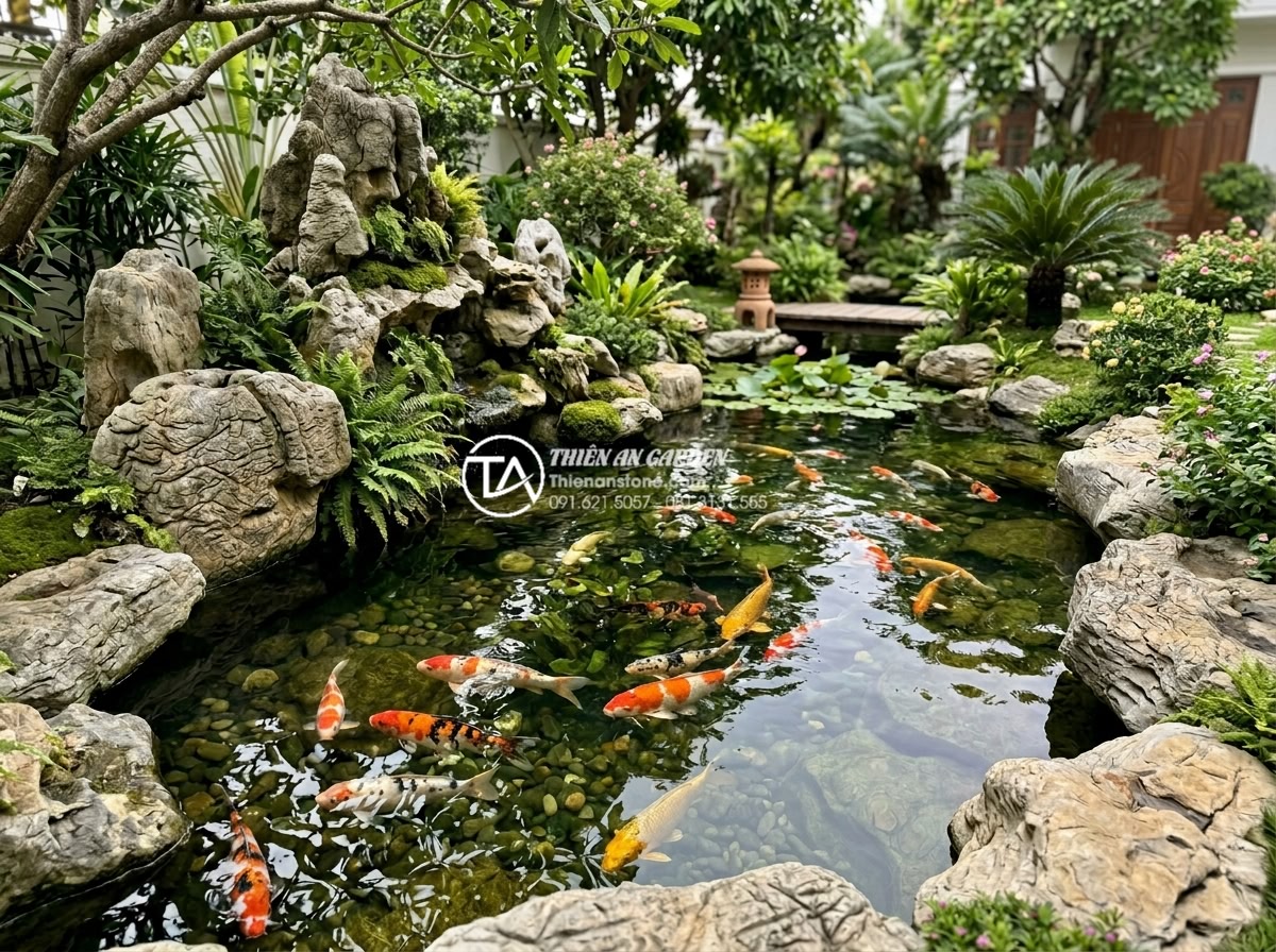 Tiểu cảnh sân vườn kết hợp hồ cá Koi: Đỉnh cao nghệ thuật đá và nước - Hình 16 Tiểu cảnh sân vườn kết hợp hồ cá Koi: Đỉnh cao nghệ thuật đá và nước - Long-term view of a beautifully maintained Koi pond after several years showing