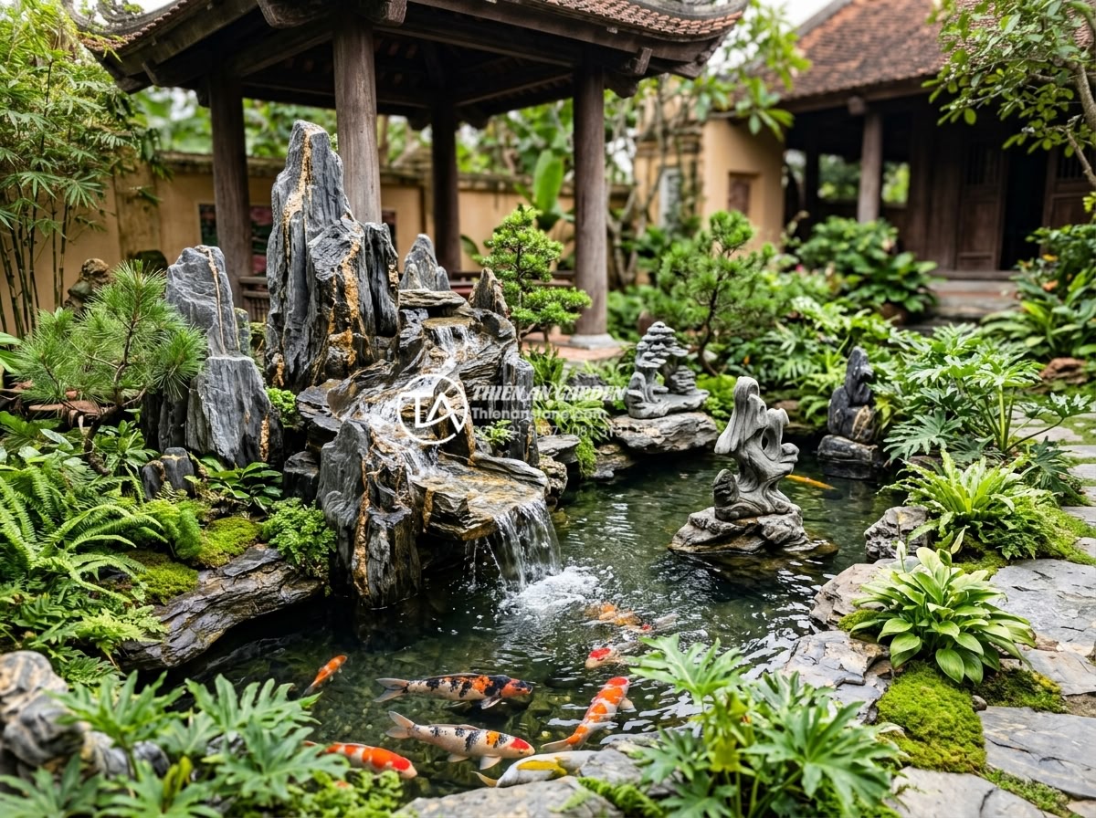 Tiểu cảnh sân vườn kết hợp hồ cá Koi: Đỉnh cao nghệ thuật đá và nước - Hình 18 Tiểu cảnh sân vườn kết hợp hồ cá Koi: Đỉnh cao nghệ thuật đá và nước - Private villa backyard featuring a custom Koi pond with artistic stone sculpture