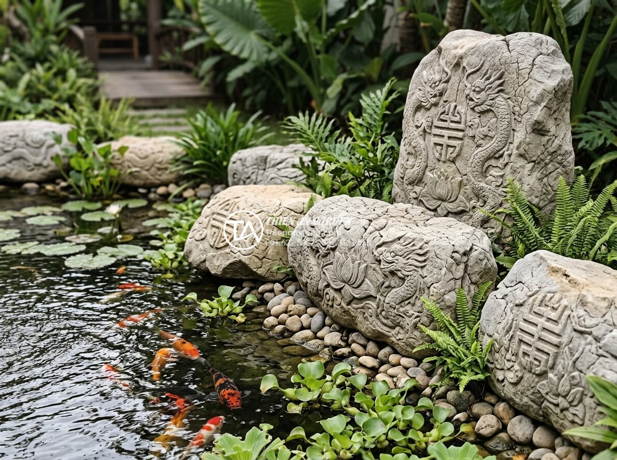 Tiểu cảnh sân vườn kết hợp hồ cá Koi: Đỉnh cao nghệ thuật đá và nước - Hình 2 Tiểu cảnh sân vườn kết hợp hồ cá Koi: Đỉnh cao nghệ thuật đá và nước - Close-up view of intricately carved natural stone sculptures depicting ancient s
