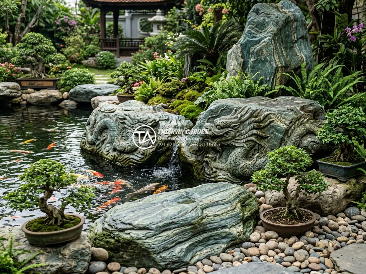 Tiểu cảnh sân vườn kết hợp hồ cá Koi: Đỉnh cao nghệ thuật đá và nước - Hình 6 Tiểu cảnh sân vườn kết hợp hồ cá Koi: Đỉnh cao nghệ thuật đá và nước - Artistic carved stone sculptures integrated into Koi pond design showing dragon