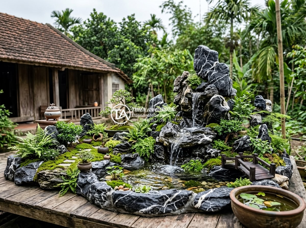 Tiểu cảnh sân vườn nhà cấp 4: Ý tưởng trang trí nông thôn xanh mát - A serene miniature garden scene for a level 4 rural house featuring natural ston