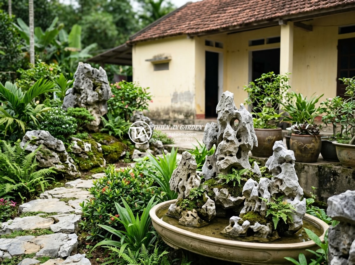 Tiểu cảnh sân vườn nhà cấp 4: Ý tưởng trang trí nông thôn xanh mát - Multiple beautiful rural garden samples featuring stone elements and green space