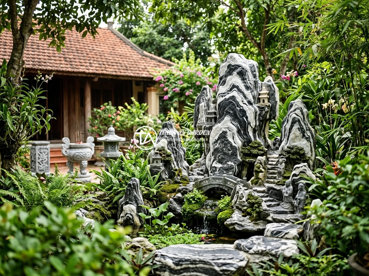 Tiểu cảnh sân vườn nhà cấp 4: Ý tưởng trang trí nông thôn xanh mát - Detailed carved stone artworks integrated into green garden landscapes for Vietn
