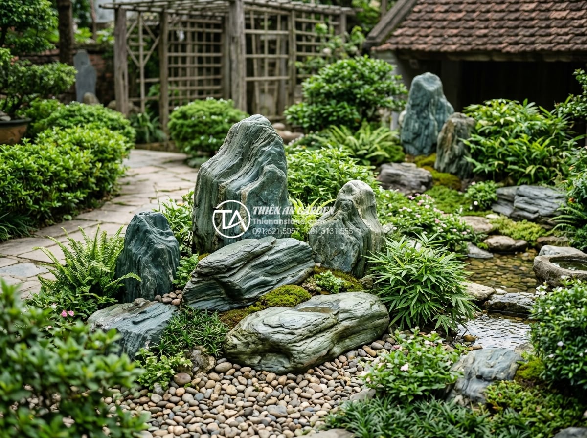 Tiểu cảnh sân vườn nhà cấp 4: Ý tưởng trang trí nông thôn xanh mát - Long-term care and upkeep of rural style garden features using durable natural s
