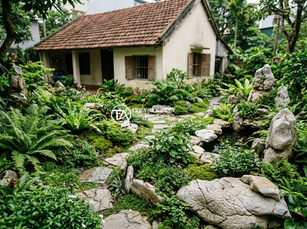 Tiểu cảnh sân vườn nhà cấp 4: Ý tưởng trang trí nông thôn xanh mát - Lush green miniature rural garden with natural stones, small pathways, and vibra