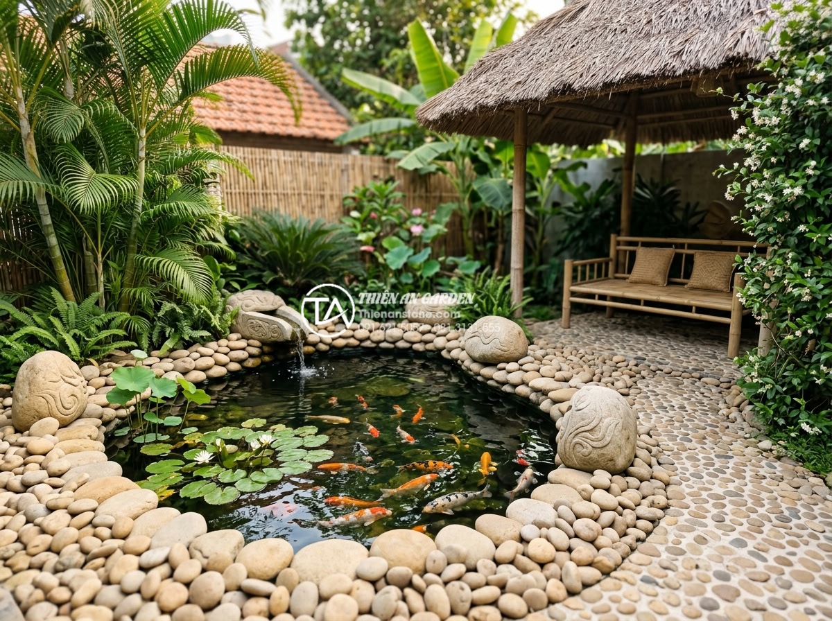 Tiểu cảnh sân vườn sau nhà: Biến không gian trống thành nơi thư giãn - Detailed koi fish pond integrated with carved stone features and relaxation area