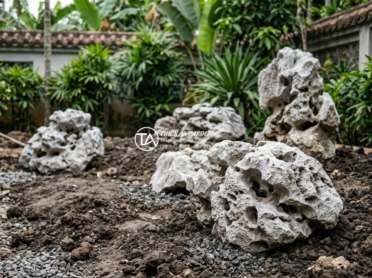 Tiểu cảnh sân vườn sau nhà: Biến không gian trống thành nơi thư giãn - Step-by-step garden construction with stone placement and final touches in a res