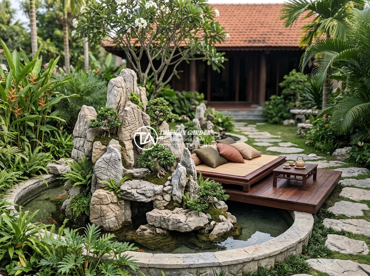 Tiểu cảnh sân vườn sau nhà: Biến không gian trống thành nơi thư giãn - Completed high-end backyard garden transformation project featuring stone art an