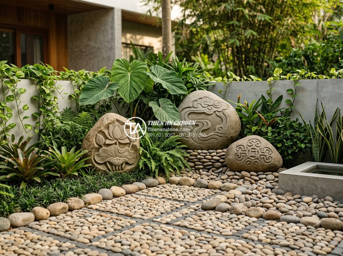 Tiểu cảnh sân vườn sau nhà: Biến không gian trống thành nơi thư giãn - Innovative backyard corner scene with carved stone art pieces, geometric stone p