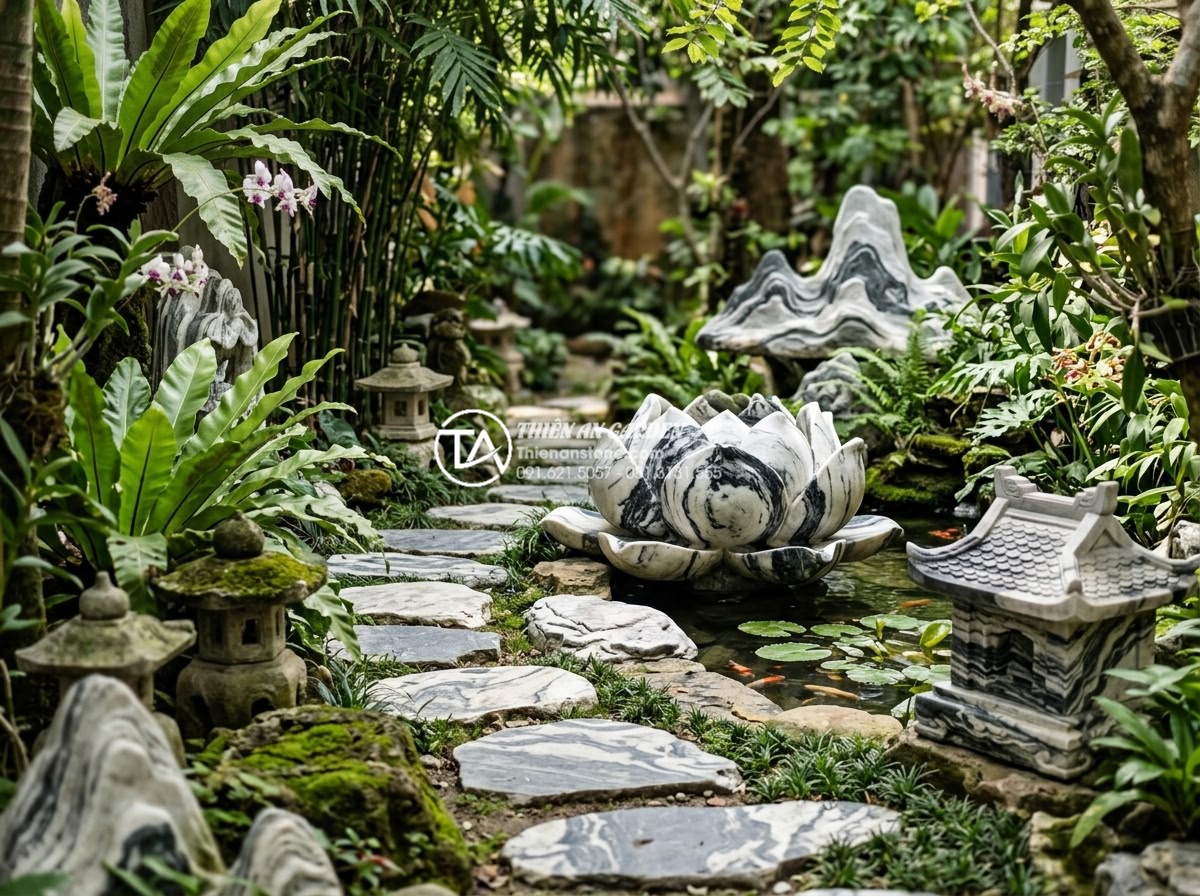 Tiểu cảnh sân vườn sau nhà: Biến không gian trống thành nơi thư giãn - Hand-carved stone sculptures and decorative art pieces integrated into a beautif