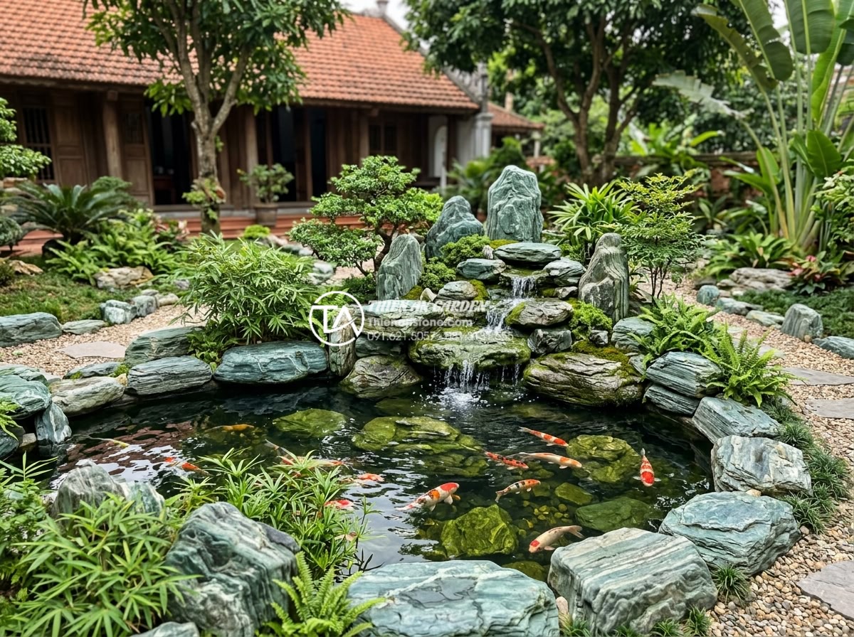 Tiểu cảnh sân vườn trước nhà: Bí quyết tạo ấn tượng đầu tiên - Koi fish pond integrated with natural stone elements in a house front garden lan