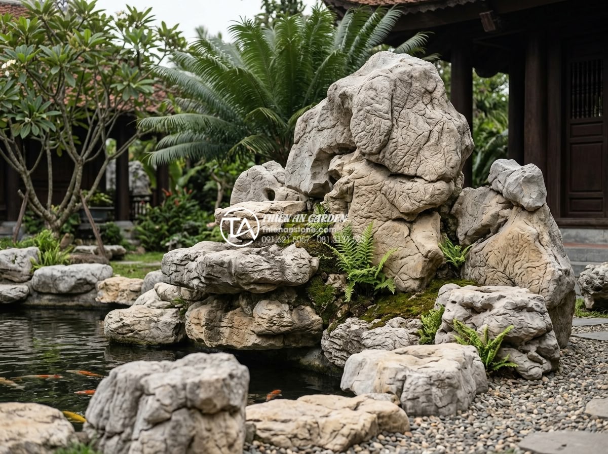 Tổng hợp mẫu tiểu cảnh sân vườn biệt thự sang trọng và bề thế - Important natural stone scenery in premium villa garden highlighting structural 