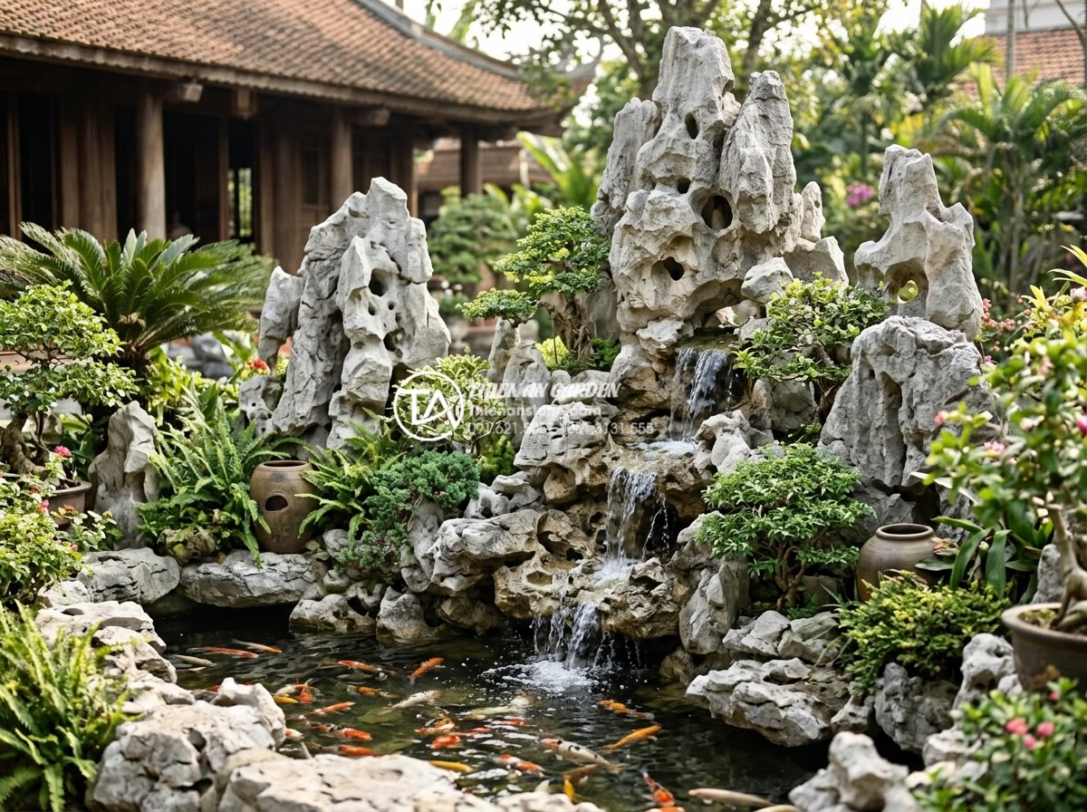 Tổng hợp mẫu tiểu cảnh sân vườn biệt thự sang trọng và bề thế - Integrated villa garden with rockery non-bo, koi fish pond, and cascading water 