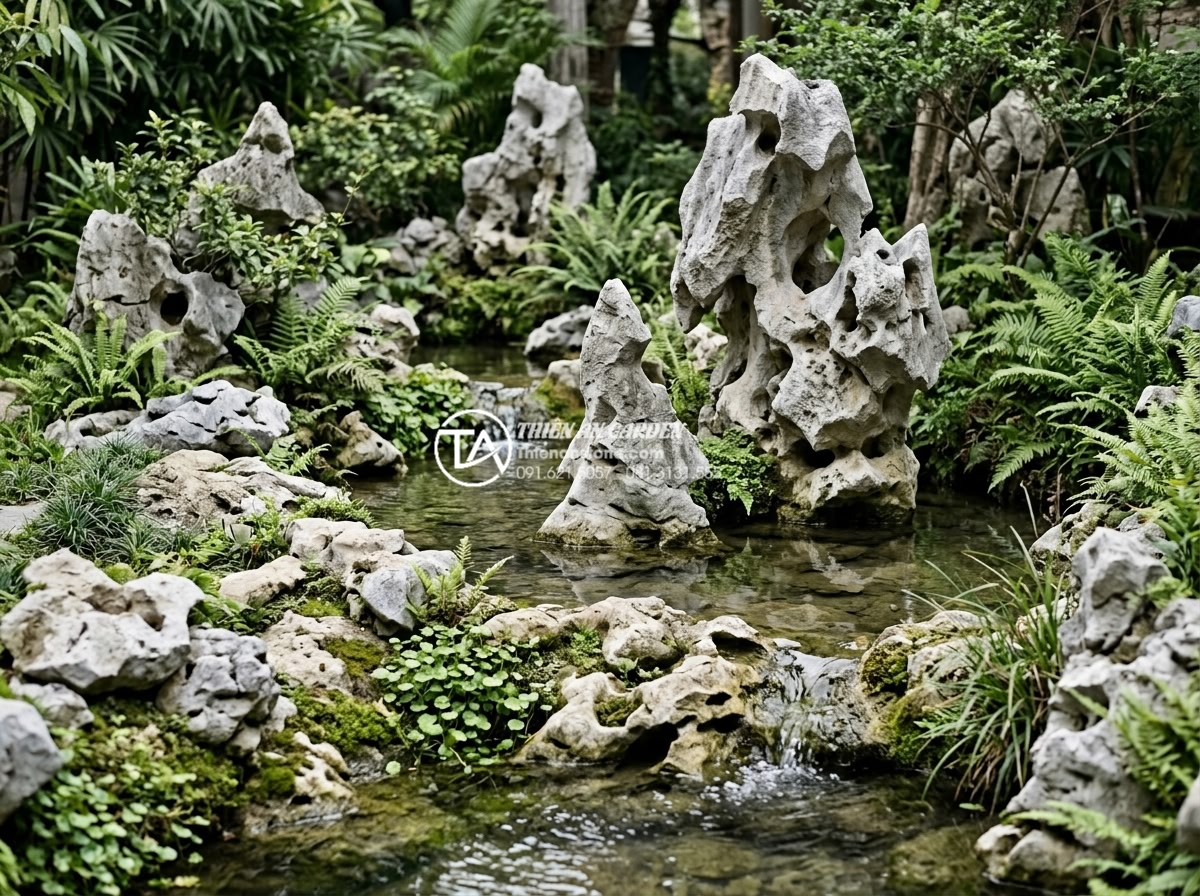 Top 10 loại đá tự nhiên trang trí tiểu cảnh góc sân bền đẹp vĩnh cửu - Natural river stones collection in artistic corner garden setup emphasizing harm