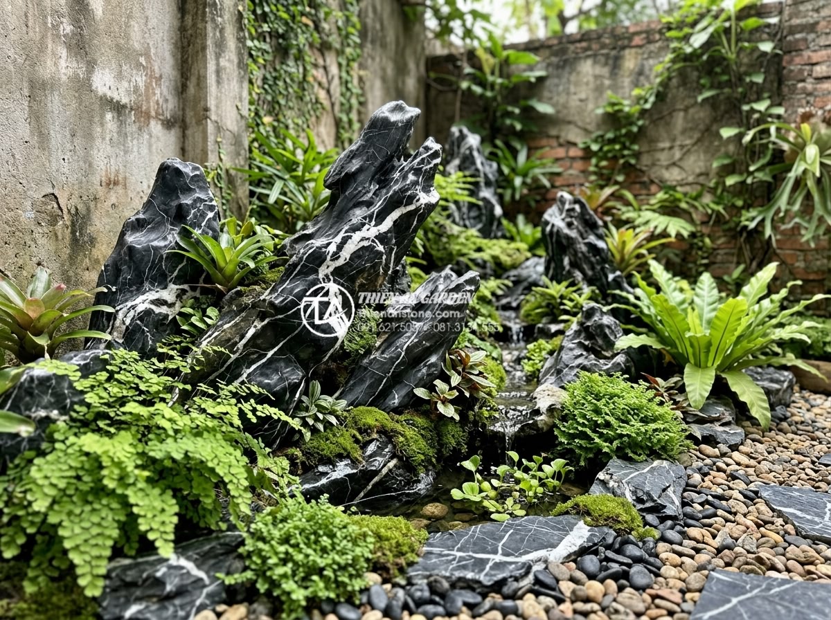 Top 10 loại đá tự nhiên trang trí tiểu cảnh góc sân bền đẹp vĩnh cửu - Detailed planning sketch turned real of stone arrangement in corner garden with 