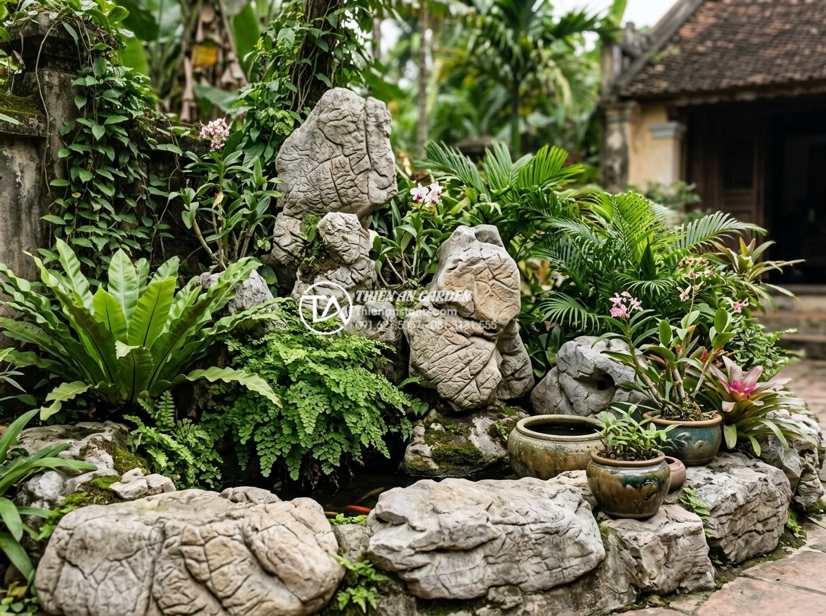 Top 10 loại đá tự nhiên trang trí tiểu cảnh góc sân bền đẹp vĩnh cửu - Long-term maintained natural stone garden corner looking pristine after years of