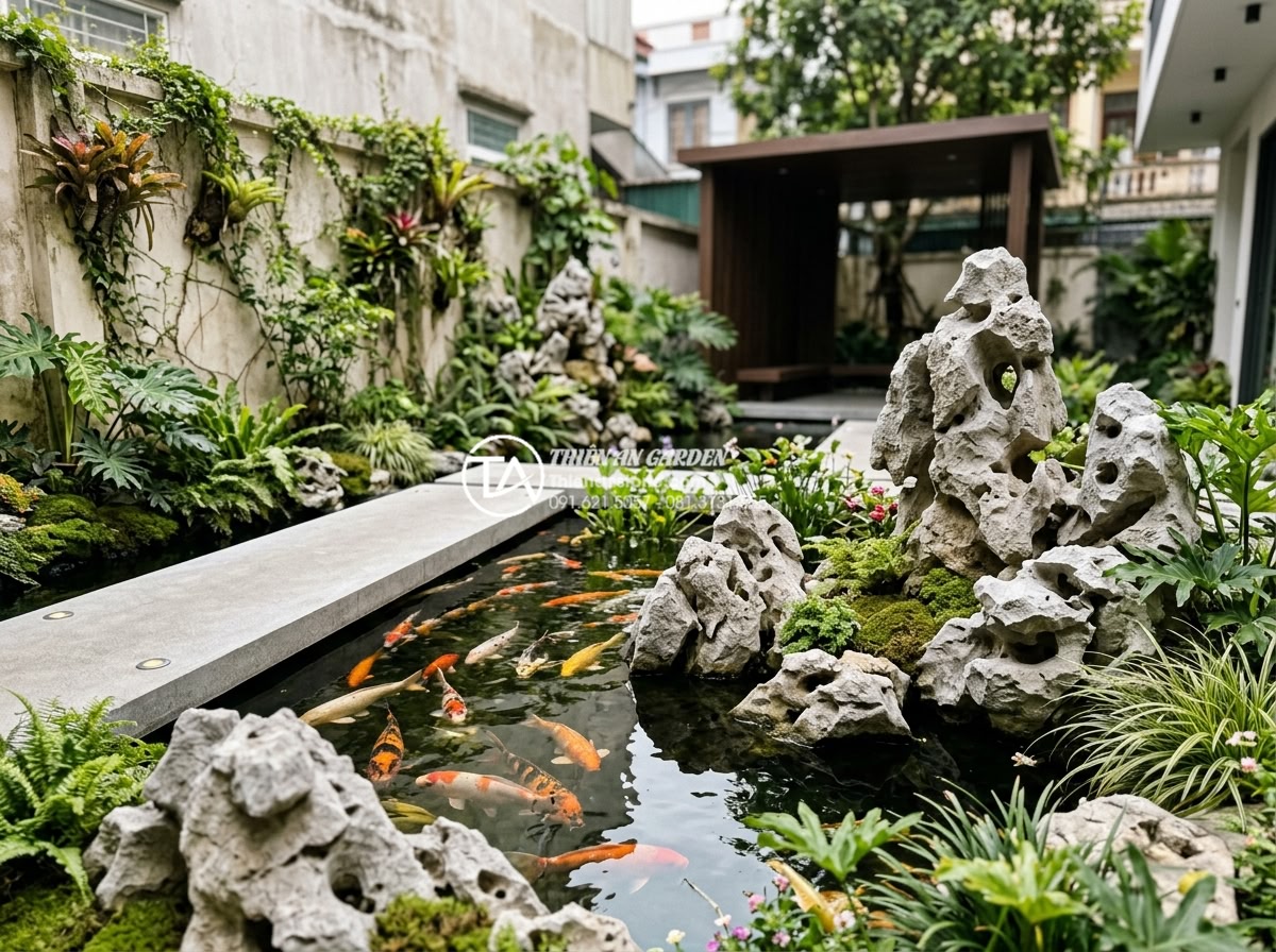 Top 10 loại đá tự nhiên trang trí tiểu cảnh góc sân bền đẹp vĩnh cửu - Holistic garden design incorporating natural stones with koi pond and modern lan