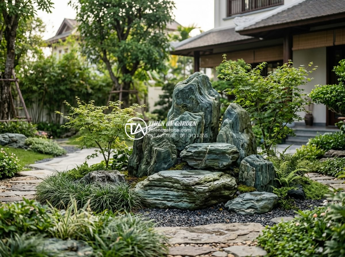 Top 10 loại đá tự nhiên trang trí tiểu cảnh góc sân bền đẹp vĩnh cửu - Completed high-end project by Da Canh Thien An showcasing top natural stone deco