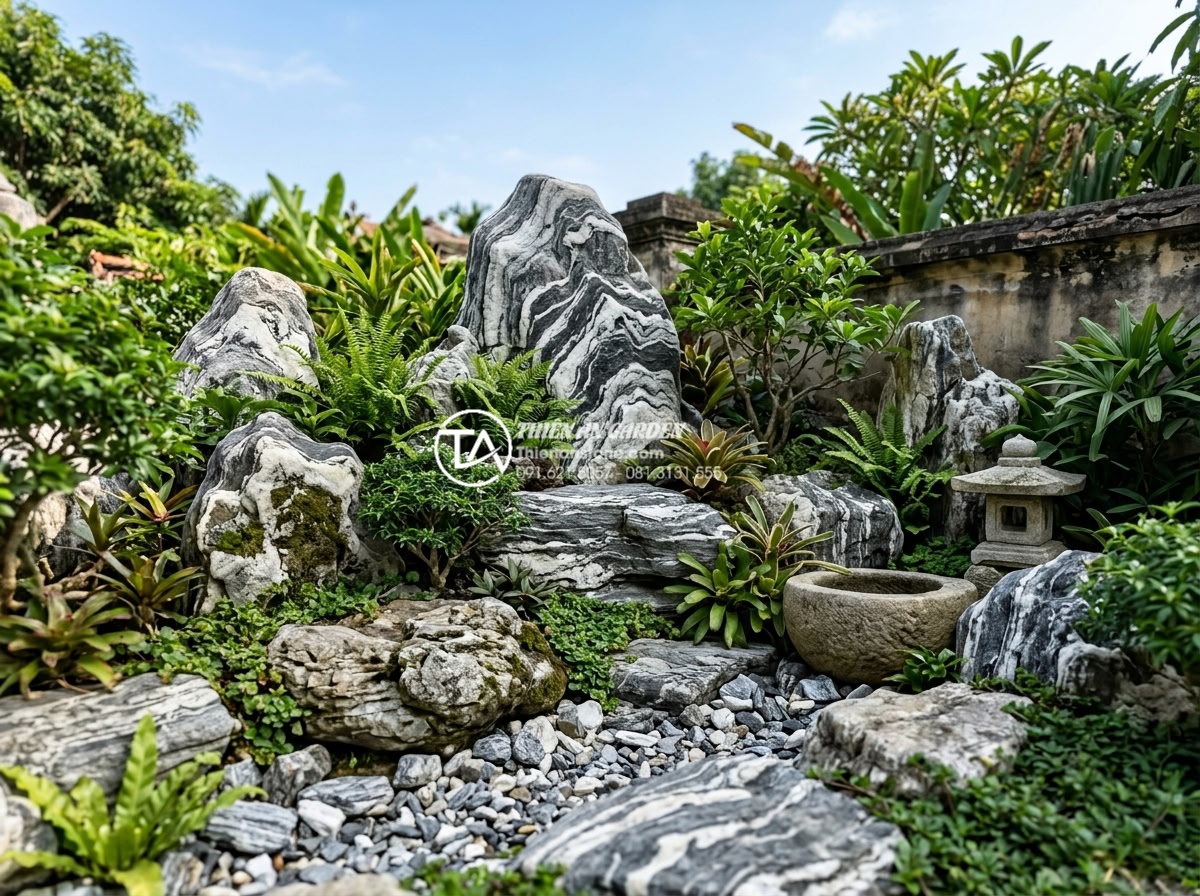Top 10 loại đá tự nhiên trang trí tiểu cảnh góc sân bền đẹp vĩnh cửu - Panoramic view of a natural stone decorated garden corner showing durability fea