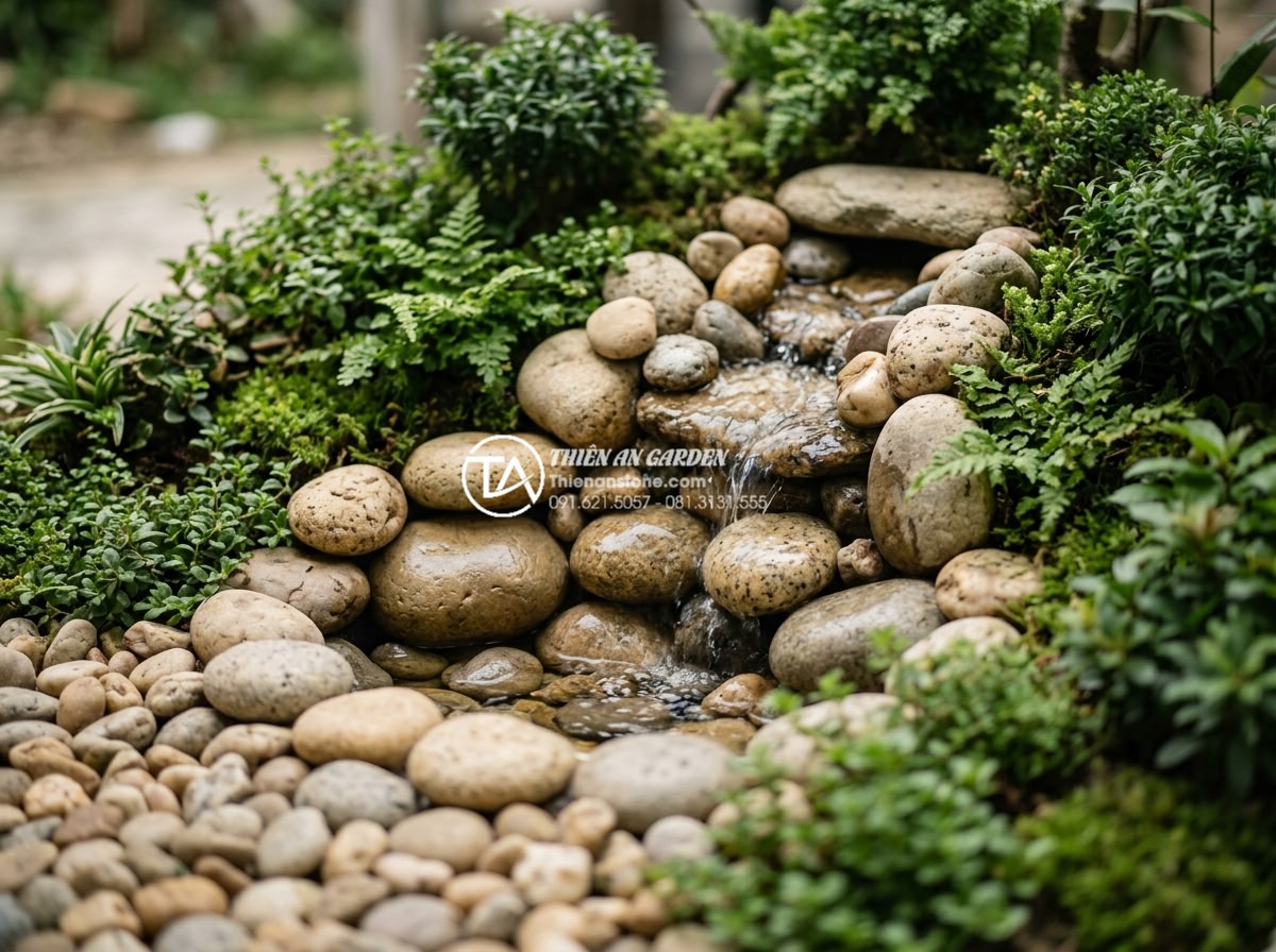 Top 10 loại đá tự nhiên trang trí tiểu cảnh góc sân bền đẹp vĩnh cửu - High-quality granite stones in various colors arranged in a corner garden miniat