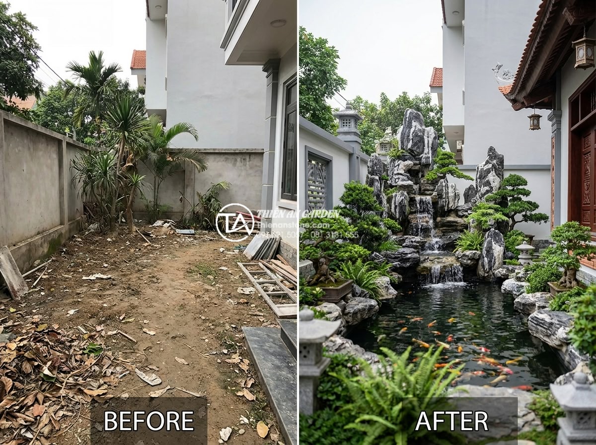 Top 10 mẫu hòn non bộ đá tuyết sơn đẹp nhất xu hướng 2026 - Before and after photorealistic comparison of a real villa garden project, left 