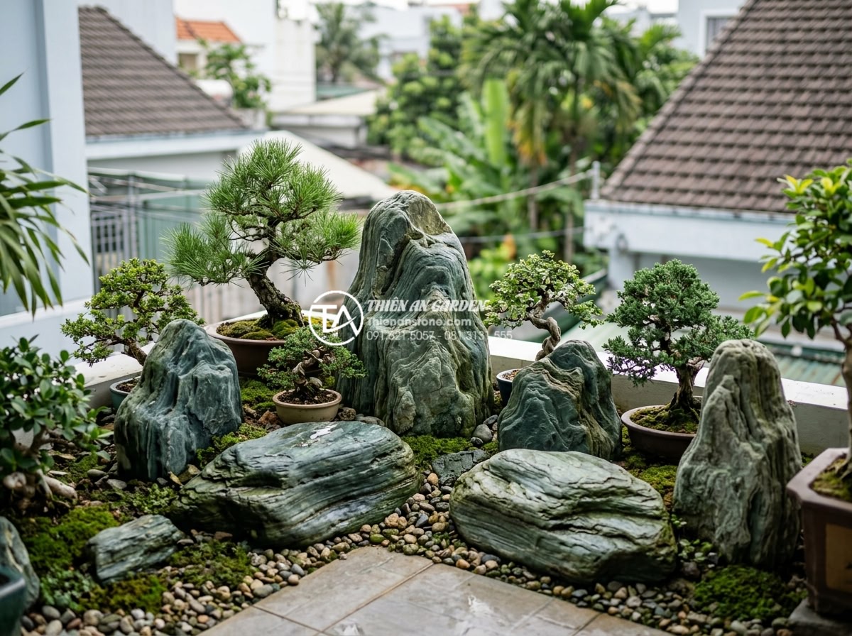 Top 15 mẫu tiểu cảnh sân vườn nhỏ đẹp cho ban công và sân thượng - Compact balcony featuring stone art pieces and carefully pruned bonsai trees arr