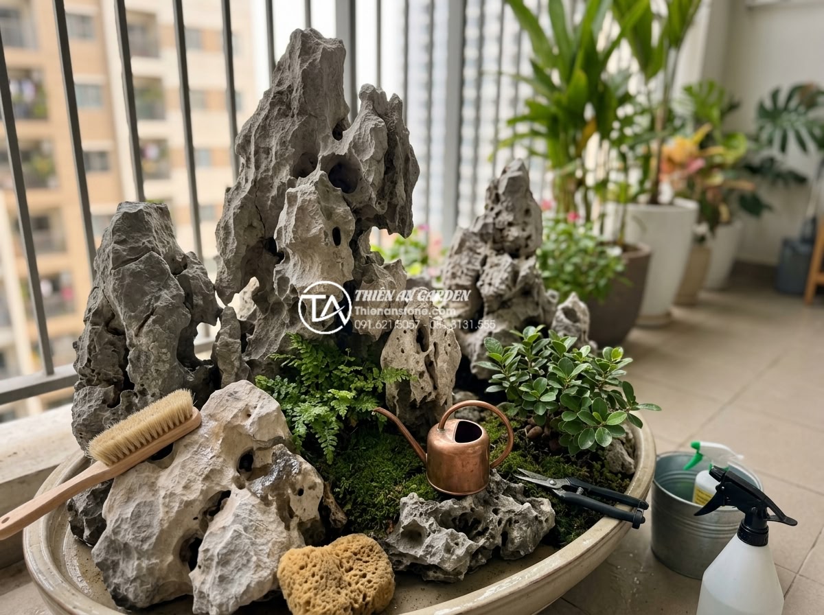 Top 15 mẫu tiểu cảnh sân vườn nhỏ đẹp cho ban công và sân thượng - Maintenance tips demonstration for small natural stone garden including cleaning