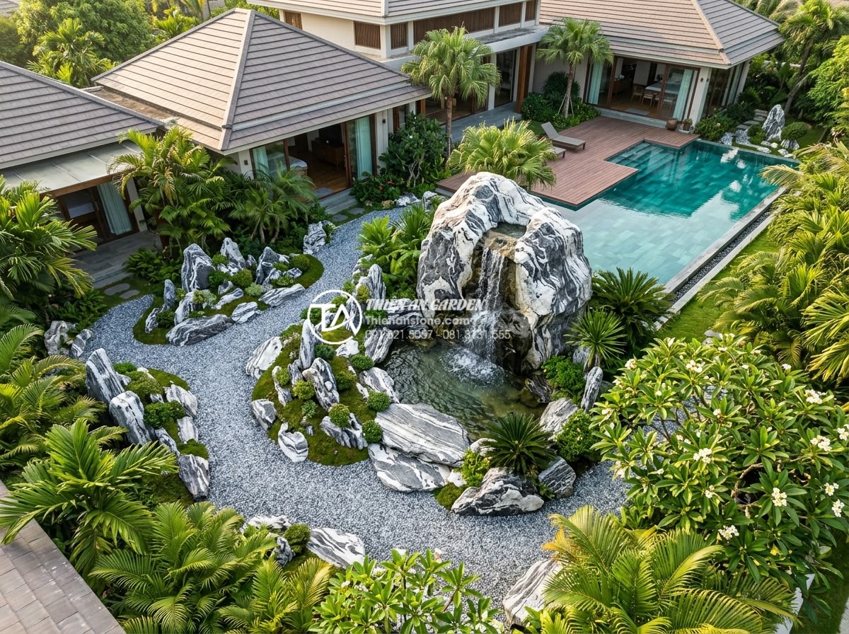 Top 3 kích thước đá tuyết sơn phổ biến nhất trong xây dựng non bộ - Hình 6 Top 3 kích thước đá tuyết sơn phổ biến nhất trong xây dựng non bộ - Aerial drone shot of a complete non-bo garden project using all three sizes of t