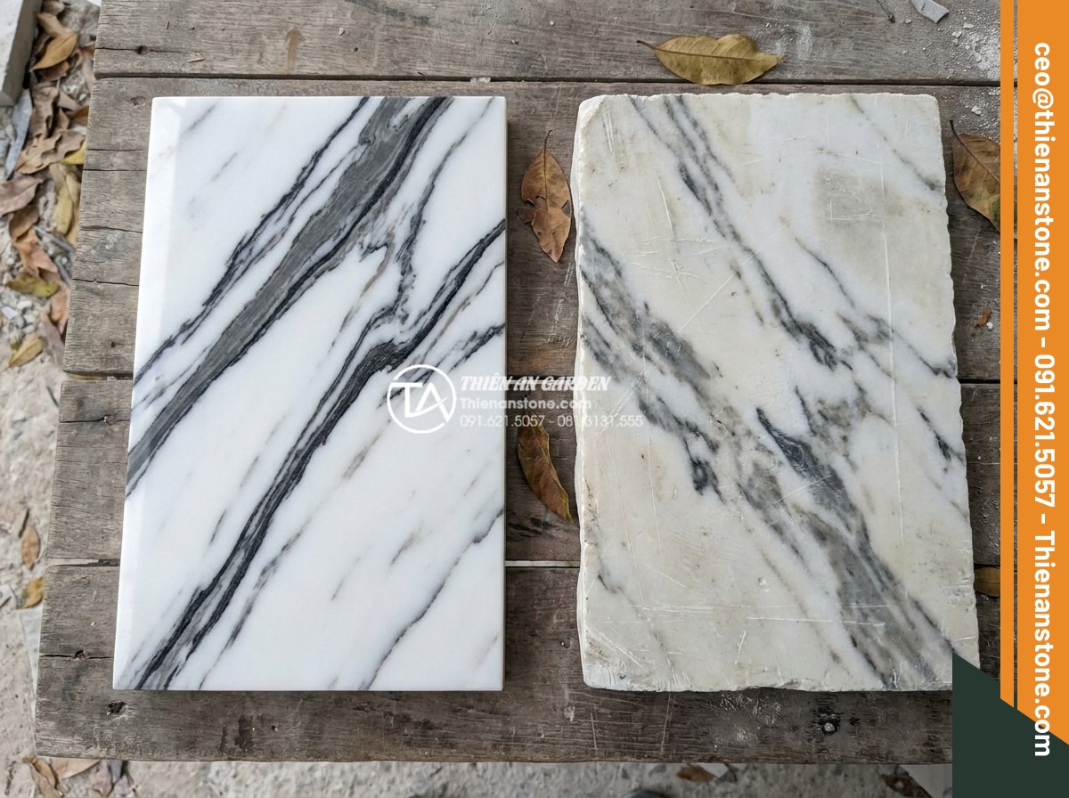 Tư vấn chọn mua đá tuyết sơn cho người mệnh Thủy và mệnh Mộc - Hình 5 Tư vấn chọn mua đá tuyết sơn cho người mệnh Thủy và mệnh Mộc - Comparison collage showing high-quality versus low-quality snow mountain stone s