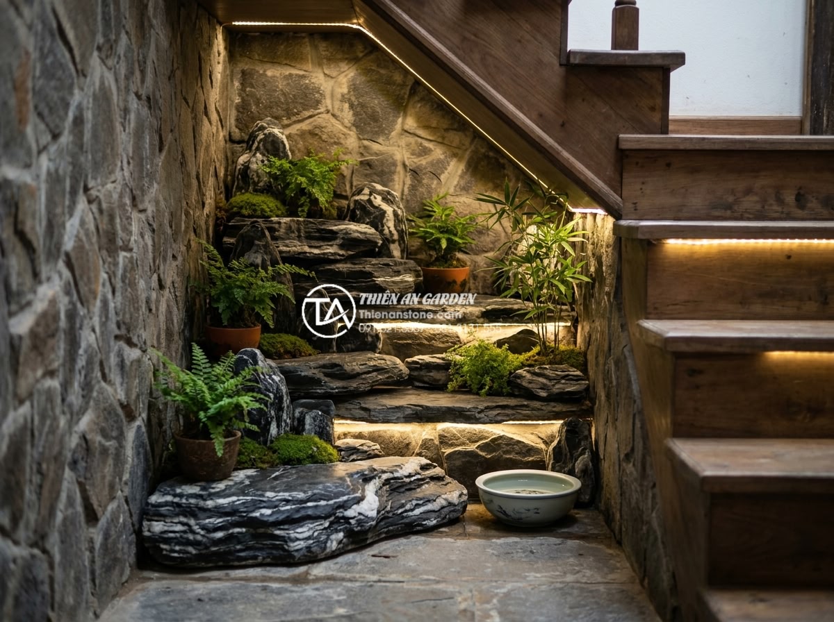 Tư vấn chọn mua đá tuyết sơn cho người mệnh Thủy và mệnh Mộc - Creative small-space solution showing snow mountain stone used in a narrow stair