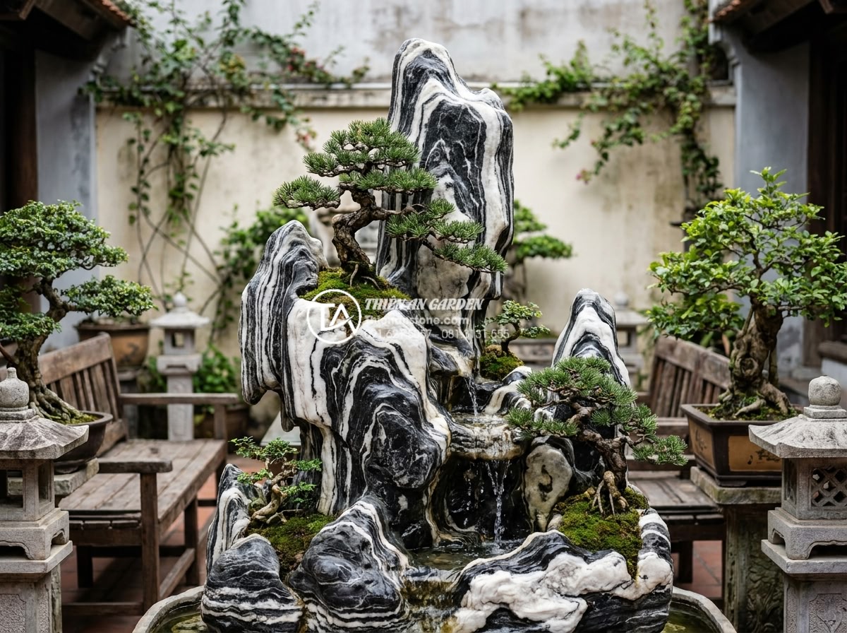 Tư vấn chọn mua đá tuyết sơn cho người mệnh Thủy và mệnh Mộc - Intricate hand-carved snow mountain stone rockery mountain with cascading water 