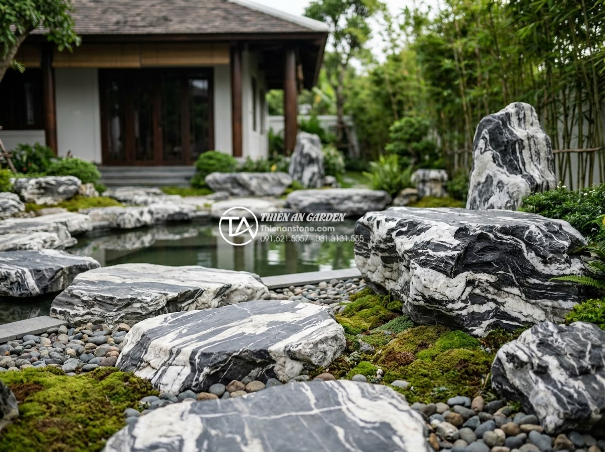 Tư vấn chọn mua đá tuyết sơn cho người mệnh Thủy và mệnh Mộc - Professional team from Thien An Stone expertly installing large snow mountain st