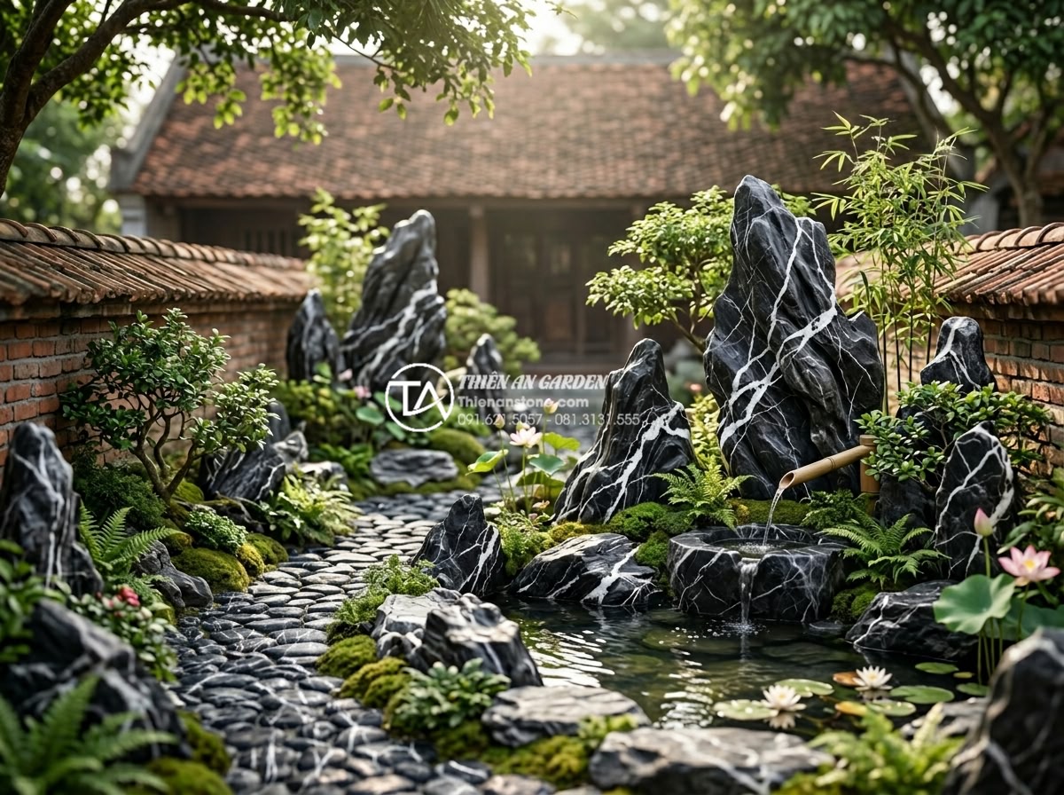 Tư vấn thiết kế tiểu cảnh sân vườn hợp mệnh cho gia chủ - Serene Vietnamese garden landscape with natural carved stones arranged in feng s
