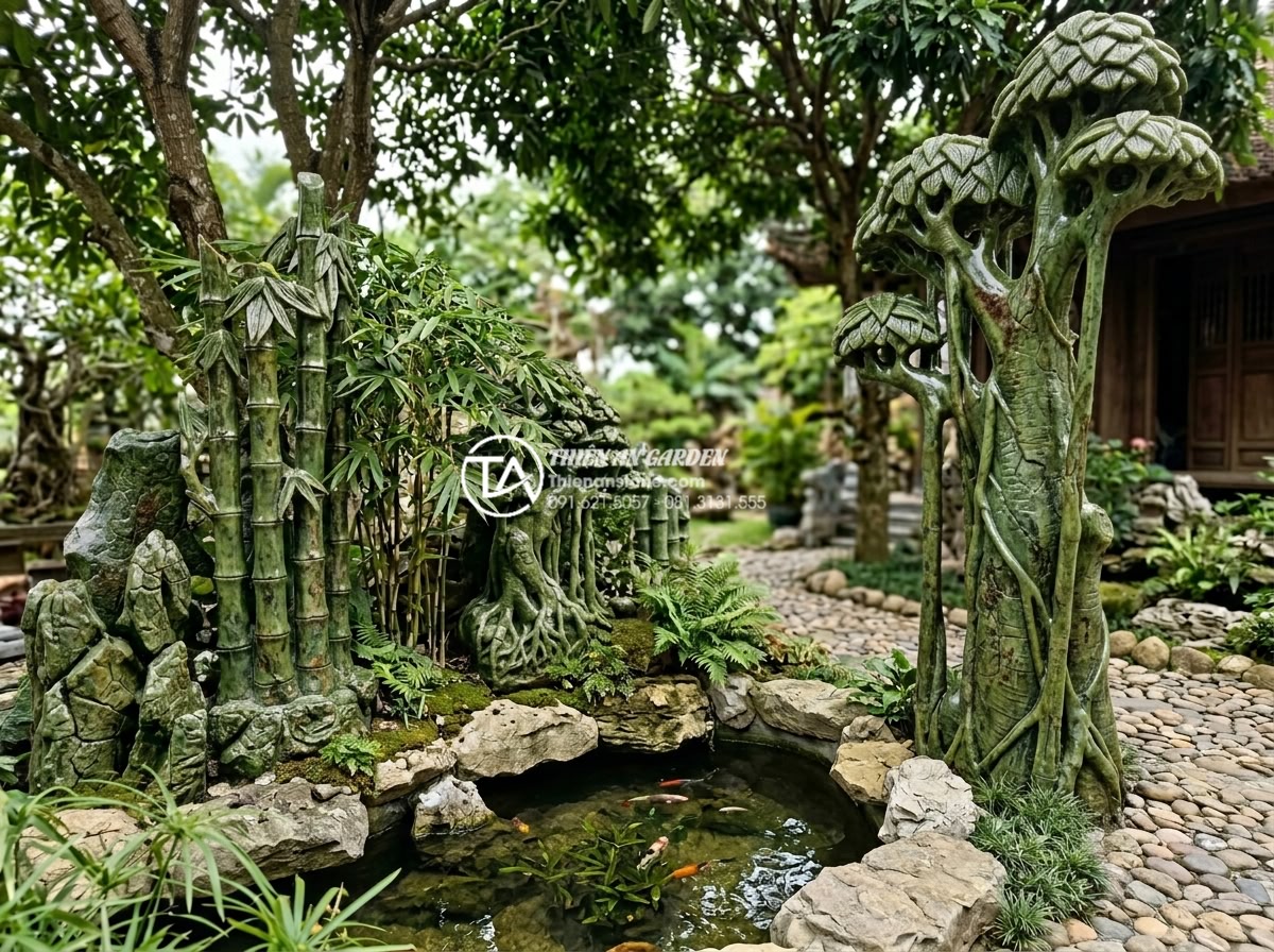 Tư vấn thiết kế tiểu cảnh sân vườn hợp mệnh cho gia chủ - Artistic stone carvings resembling bamboo and trees using natural green stones i