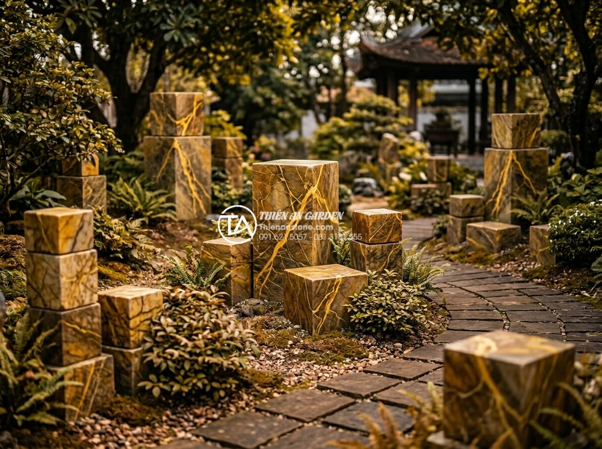 Tư vấn thiết kế tiểu cảnh sân vườn hợp mệnh cho gia chủ - Earthy feng shui garden landscape with yellow and brown natural stones in square