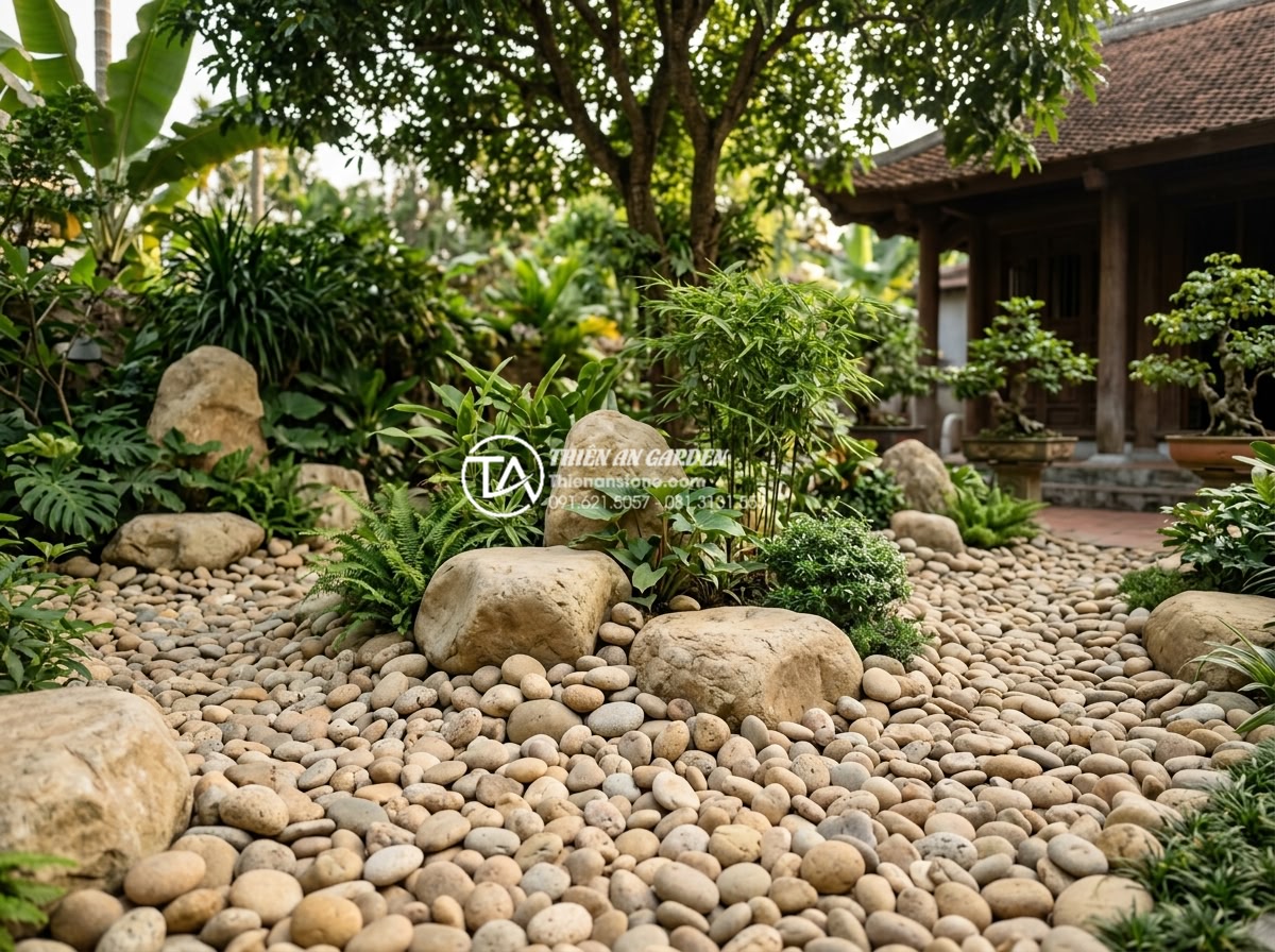 Tư vấn thiết kế tiểu cảnh sân vườn hợp mệnh cho gia chủ - Cozy backyard featuring large beige stone boulders and earth-toned rock arrangem