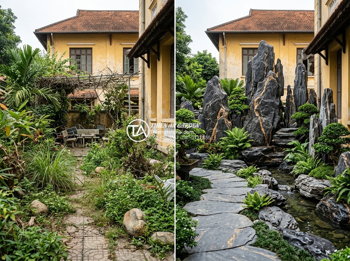 Tư vấn thiết kế tiểu cảnh sân vườn hợp mệnh cho gia chủ - Before and after photos of a real Vietnamese villa garden transformed with custo