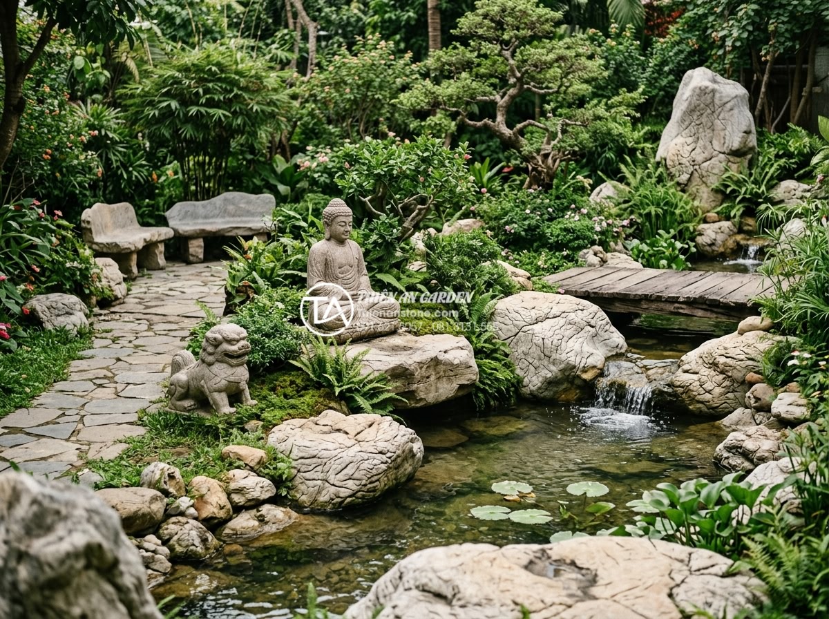 Tư vấn thiết kế tiểu cảnh sân vườn hợp mệnh cho gia chủ - Detailed feng shui garden with large natural boulders and carved stone statues p