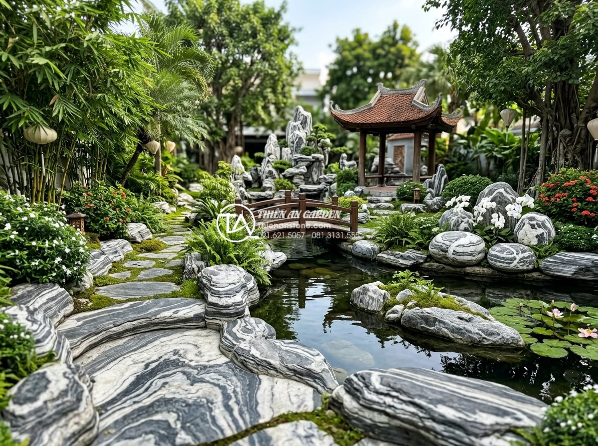 Tư vấn thiết kế tiểu cảnh sân vườn hợp mệnh cho gia chủ - Professional landscaped garden using carved natural stones following ancient fen