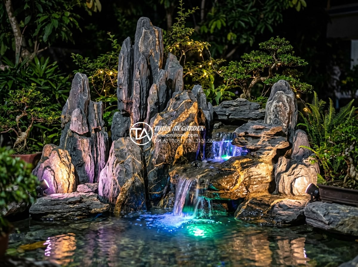 Ứng dụng đèn led trang trí cho tiểu cảnh sân vườn lung linh về đêm - Vibrant LED garden lights illuminating natural stone rockery and water feature a