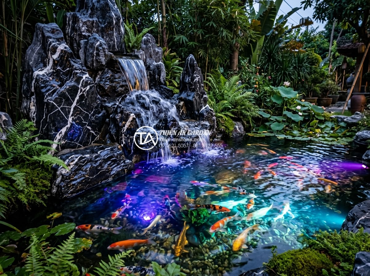 Ứng dụng đèn led trang trí cho tiểu cảnh sân vườn lung linh về đêm - Color-changing LED lights underwater in koi pond with stone waterfall creating m