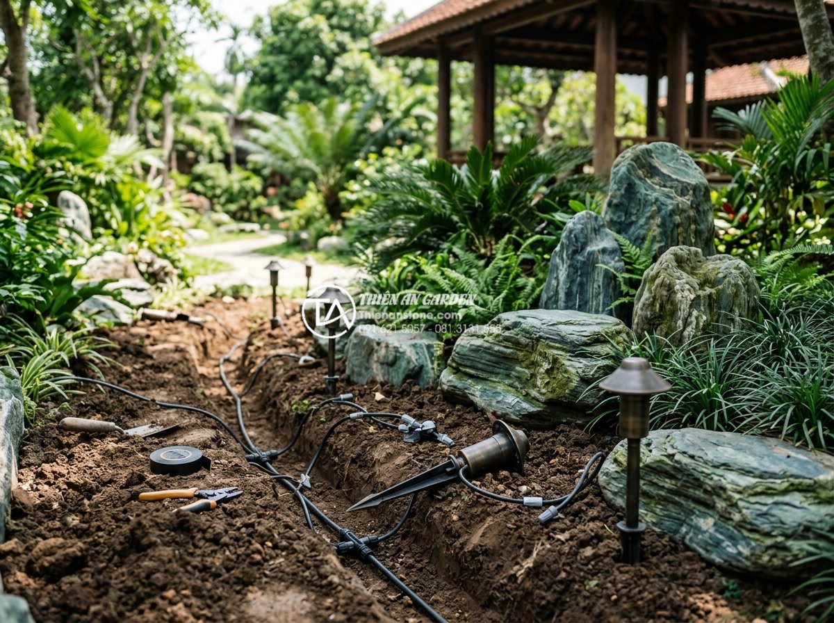 Ứng dụng đèn led trang trí cho tiểu cảnh sân vườn lung linh về đêm - Professional installation process of LED lights in garden landscape with workers